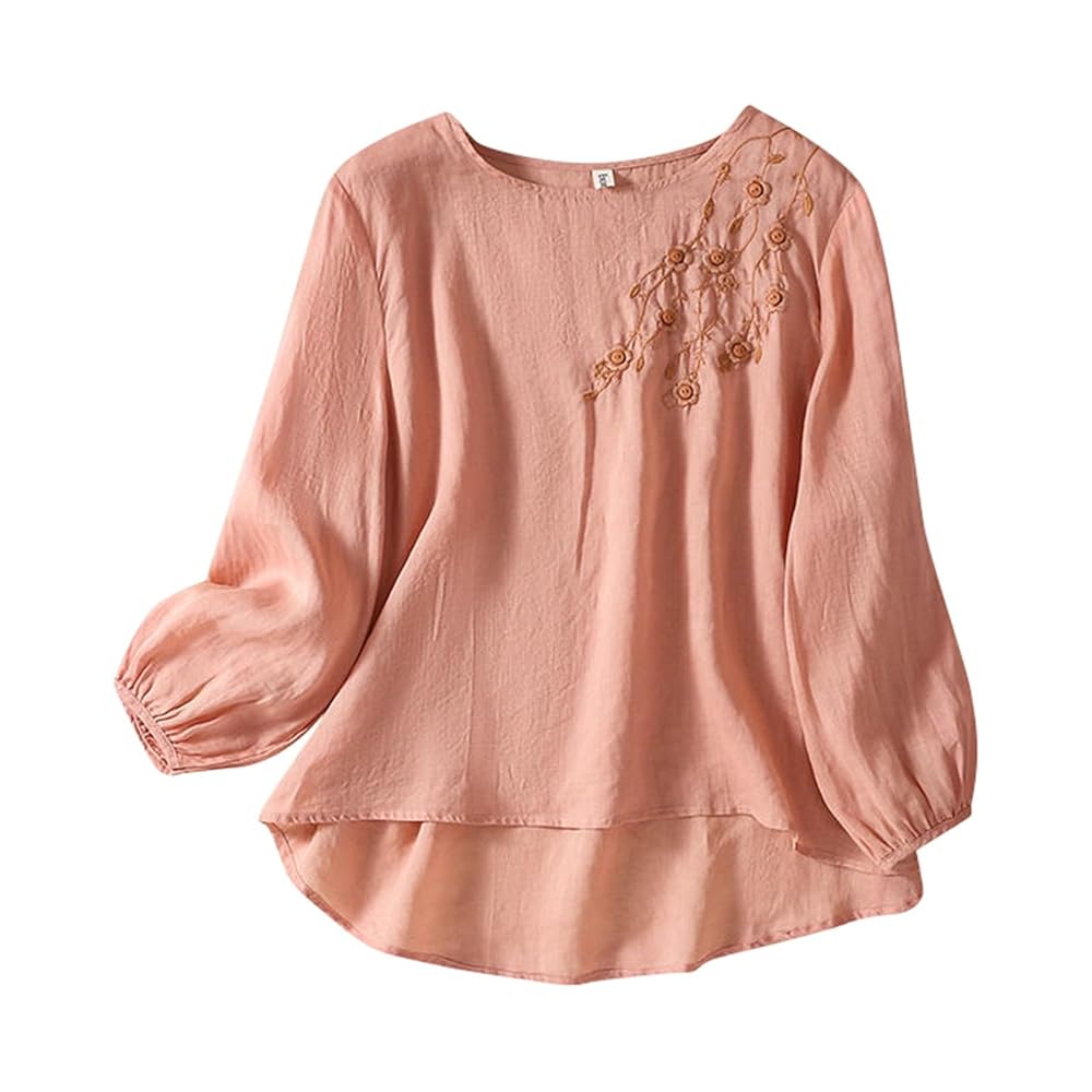 Women Spring Embroidered Round Neck Long Sleeve T Shirt